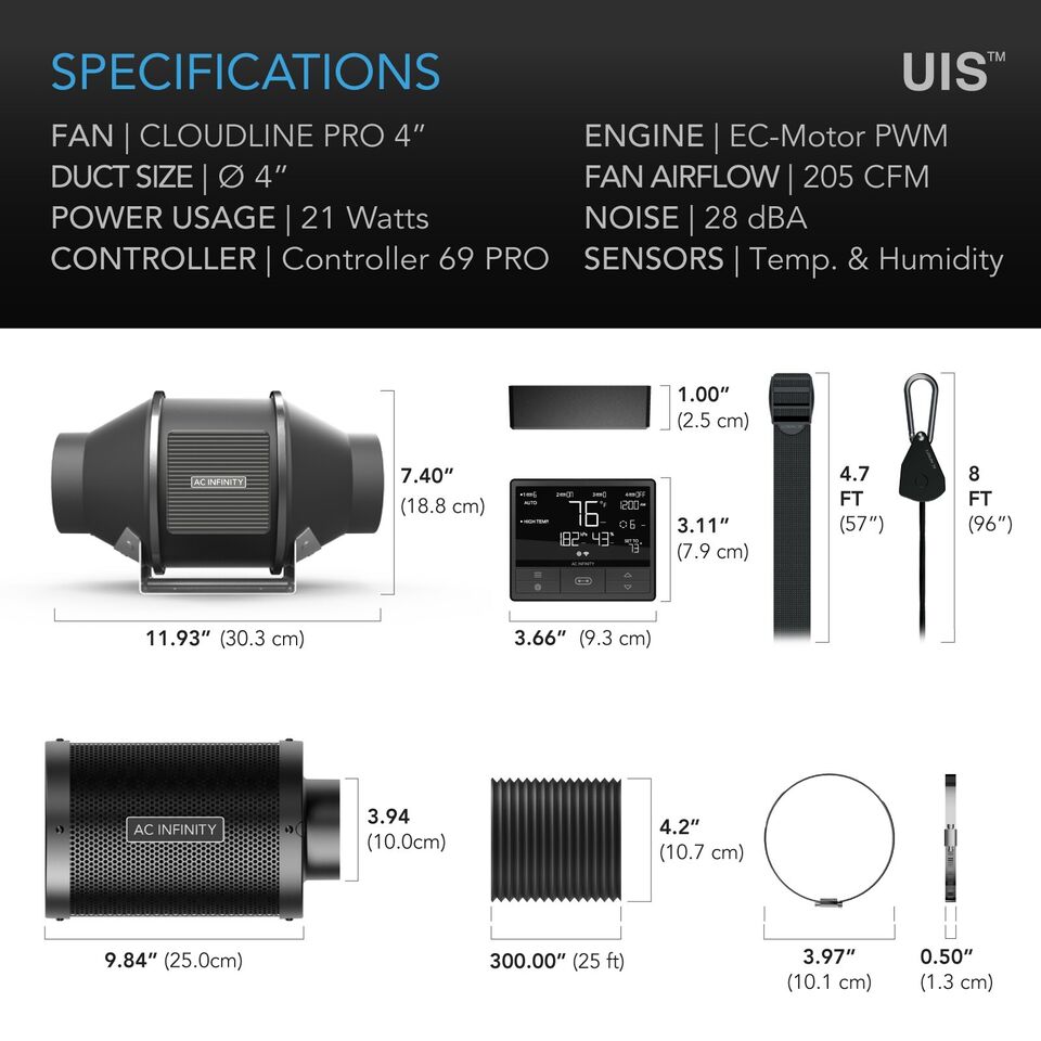 CloudLine Pro 4" | AC Infinity - Kit Completo De Ventilación Con Controlador, Extractor, Ducto, Ganchos Y Filtro De Carbon