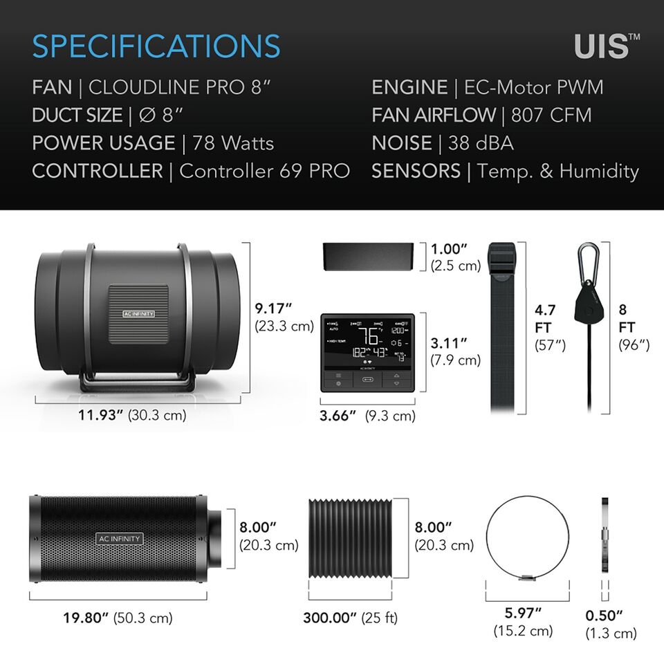 Ac Infinity kit completo Cloudline 8 pulgadascontrolador inteligente filtro de carbono extractor y accesorios
