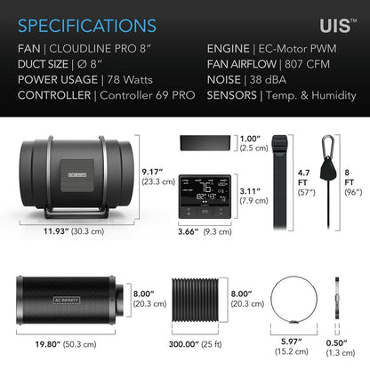 Ac Infinity kit completo Cloudline 8 pulgadascontrolador inteligente filtro de carbono extractor y accesorios
