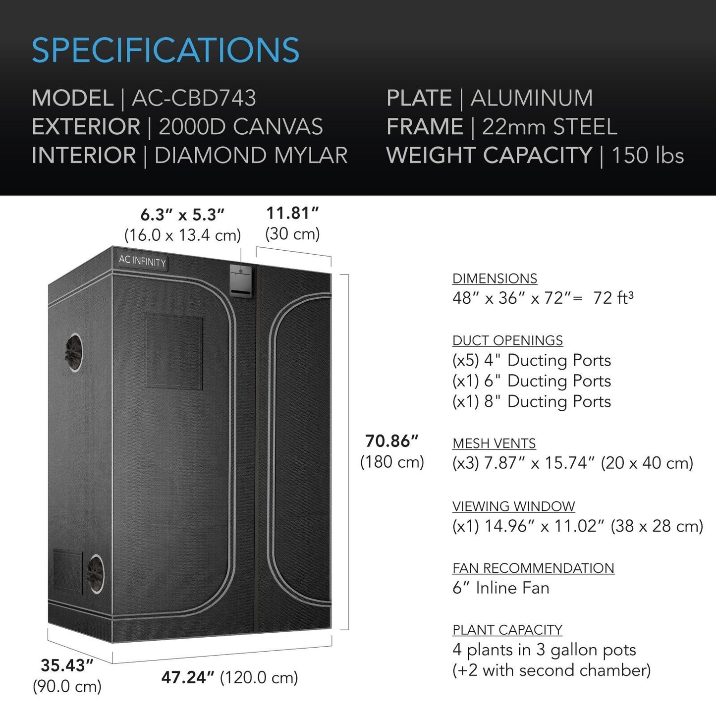 CLOUDLAB 743D | AC Infinity - Armario De Cultivo 2-En-1 De 120 cm x 90 cm x 180 cm