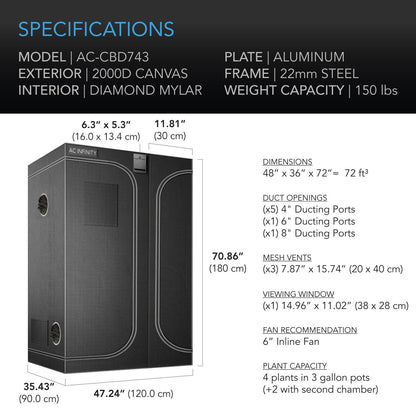 CLOUDLAB 743D | AC Infinity - Armario De Cultivo 2-En-1 De 120 cm x 90 cm x 180 cm