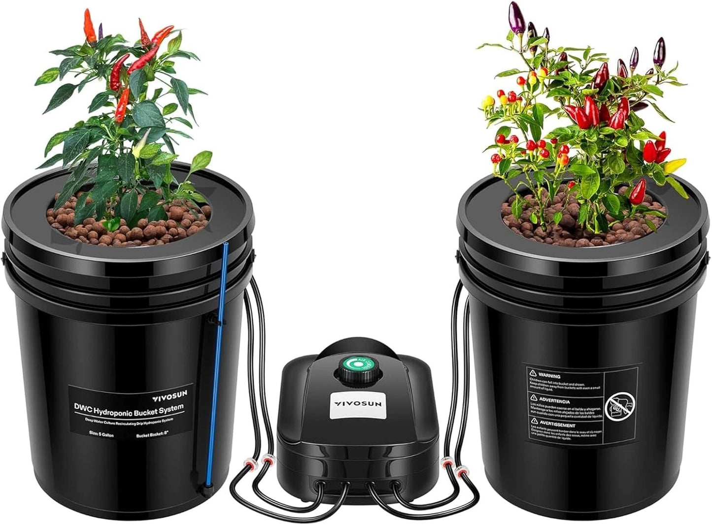 Sistema Hidropónico DWC VIVISUN – Kit de 8 / 4 / 2 / 1, Cubetas de 5 Galones con bomba de aire.