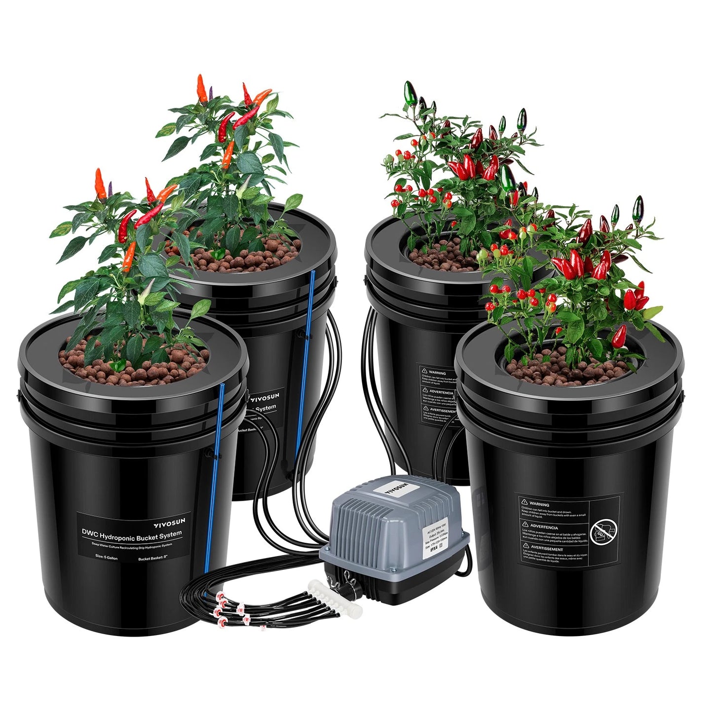 Sistema Hidropónico DWC VIVISUN – Kit de 8 / 4 / 2 / 1, Cubetas de 5 Galones con bomba de aire.