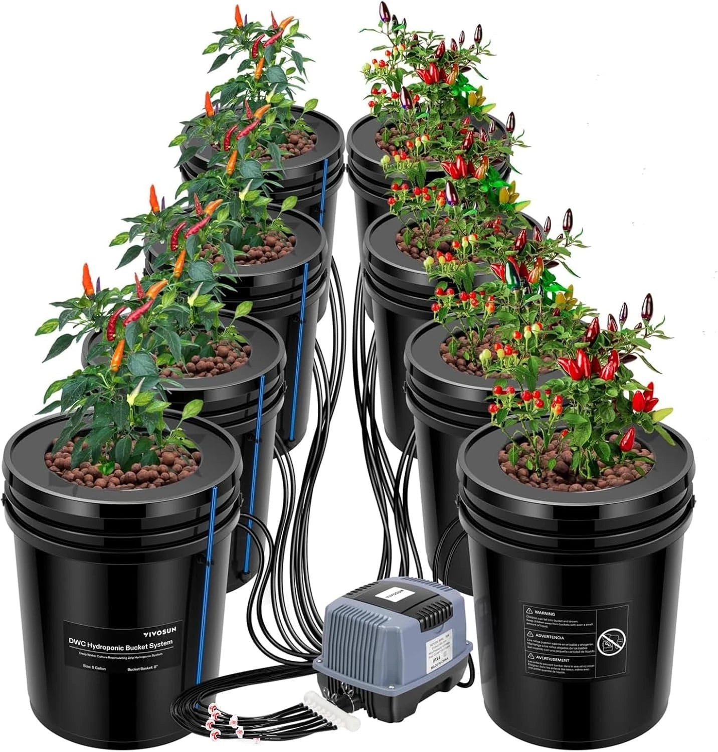 Sistema Hidropónico DWC VIVISUN – Kit de 8 / 4 / 2 / 1, Cubetas de 5 Galones con bomba de aire.