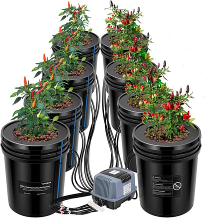 Sistema Hidropónico DWC VIVISUN – Kit de 8 / 4 / 2 / 1, Cubetas de 5 Galones con bomba de aire.