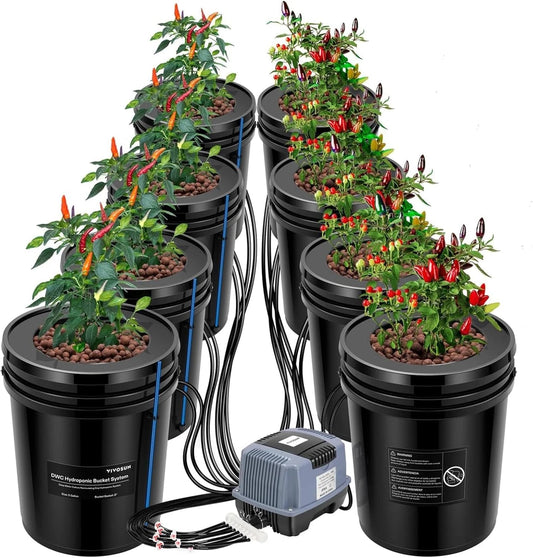 Sistema Hidropónico DWC VIVISUN – Kit de 8 / 4 / 2 / 1, Cubetas de 5 Galones con bomba de aire.