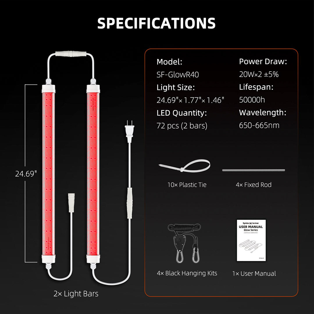 Spider Farmer | GlowR40 LED Grow Light - Barra LED 40 W roja para mejorar floración y resina