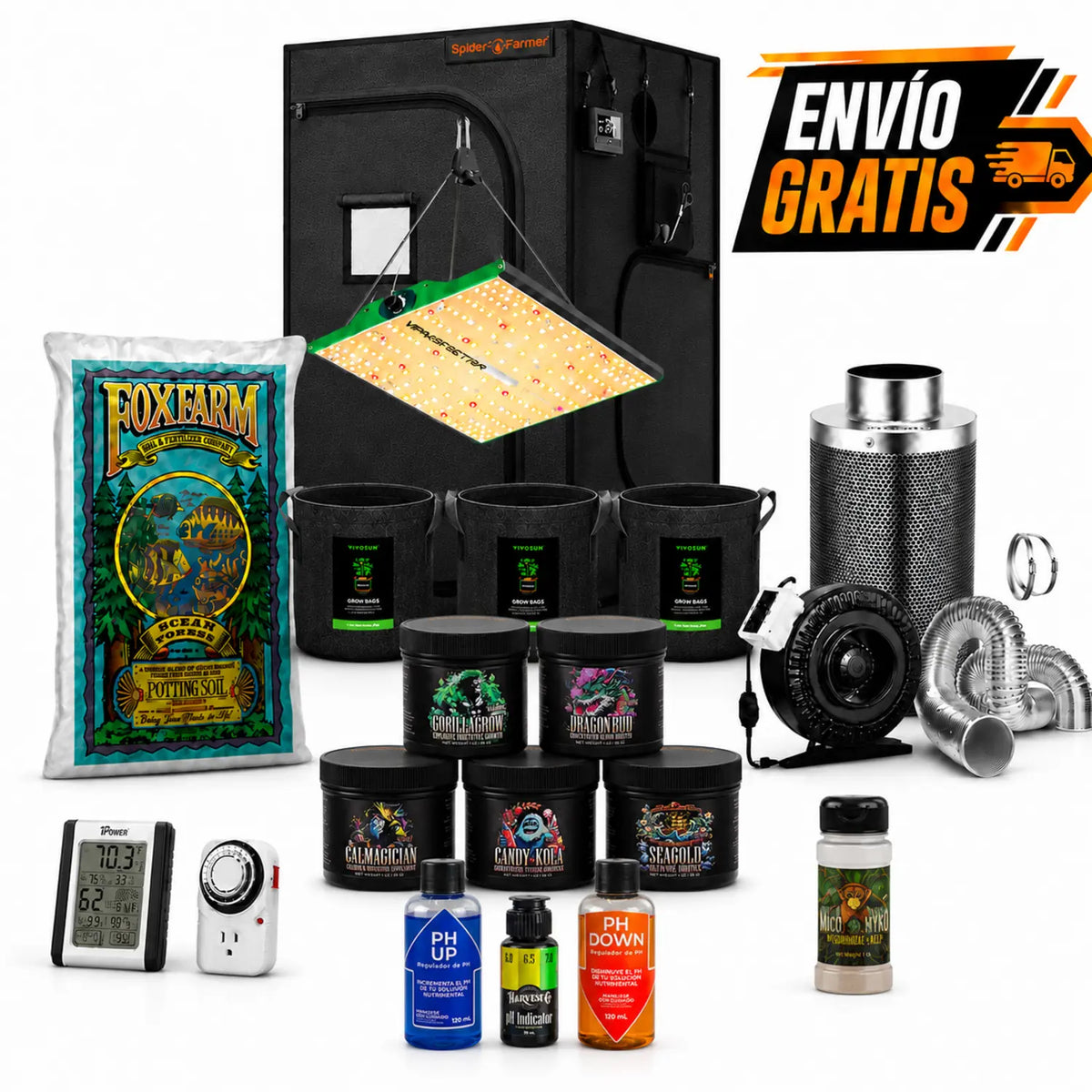 Kit de cultivo indoor Spider Farmer 90x90x180 con lámpara VIPARSPECTRA 100W, ventilación VIVOSUN, Ocean Forest y nutrientes HarvestCo.