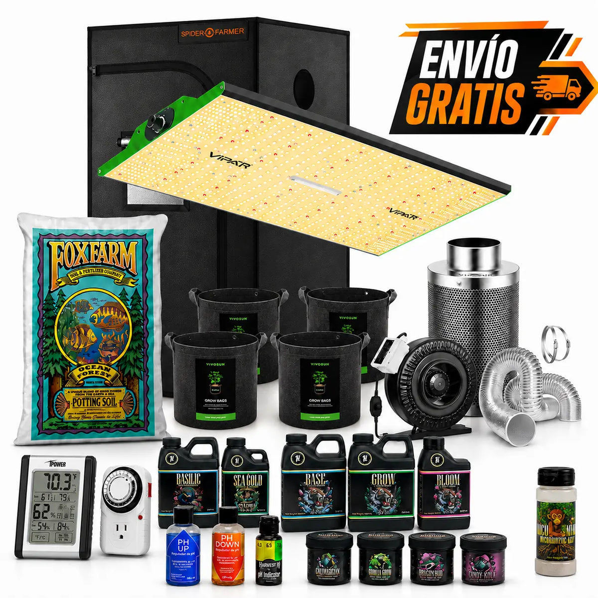 Kit Completo de Cultivo Indoor Spider Farmer 90x90x180 + ViparSpectra 240W + VIVOSUN 4" + HarvestCo