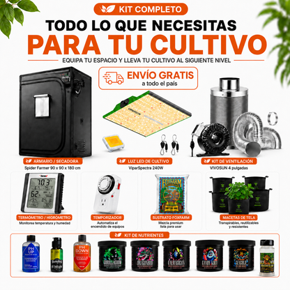 Kit Completo de Cultivo Indoor | Armario Spider Farmer 90x90x180 + ViparSpectra 100W + Kit de Ventilación VIVOSUN 4" + Nutrientes HarvestCo