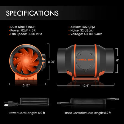 Kit De Ventilación De 6" + Controlador Inteligente | Spider Farmer - Eliminador De Olores