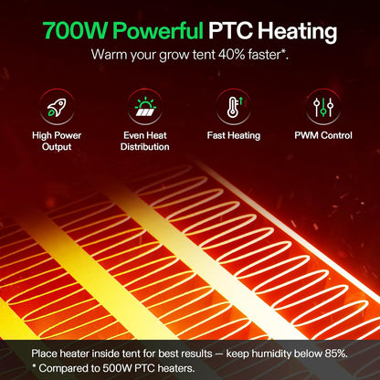 VIVOSUN AeroFlux W70 - Calentador Inteligente 700W para Grow Tent con Control VPD y 5 Niveles de Potencia