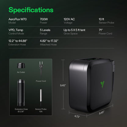 VIVOSUN AeroFlux W70 - Calentador Inteligente 700W para Grow Tent con Control VPD y 5 Niveles de Potencia