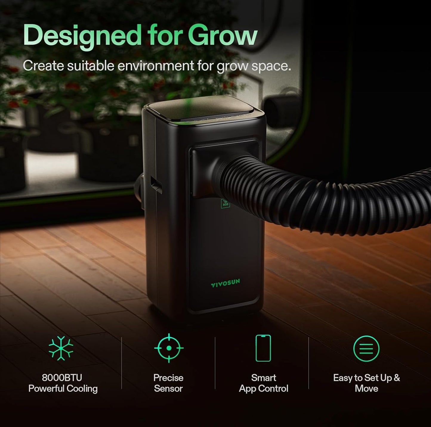 VIVOSUN AeroLush C08 - Aire Acondicionado Inteligente 4 en 1 | 8000 BTU Control VPD total para Grow Tent
