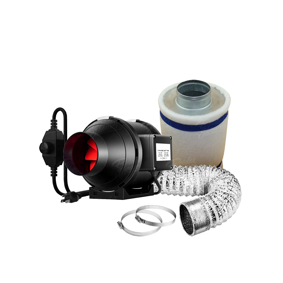 Sistema ultra silencioso de control de clima con filtro de 4" x 8", extractor de plastico, y ducto.