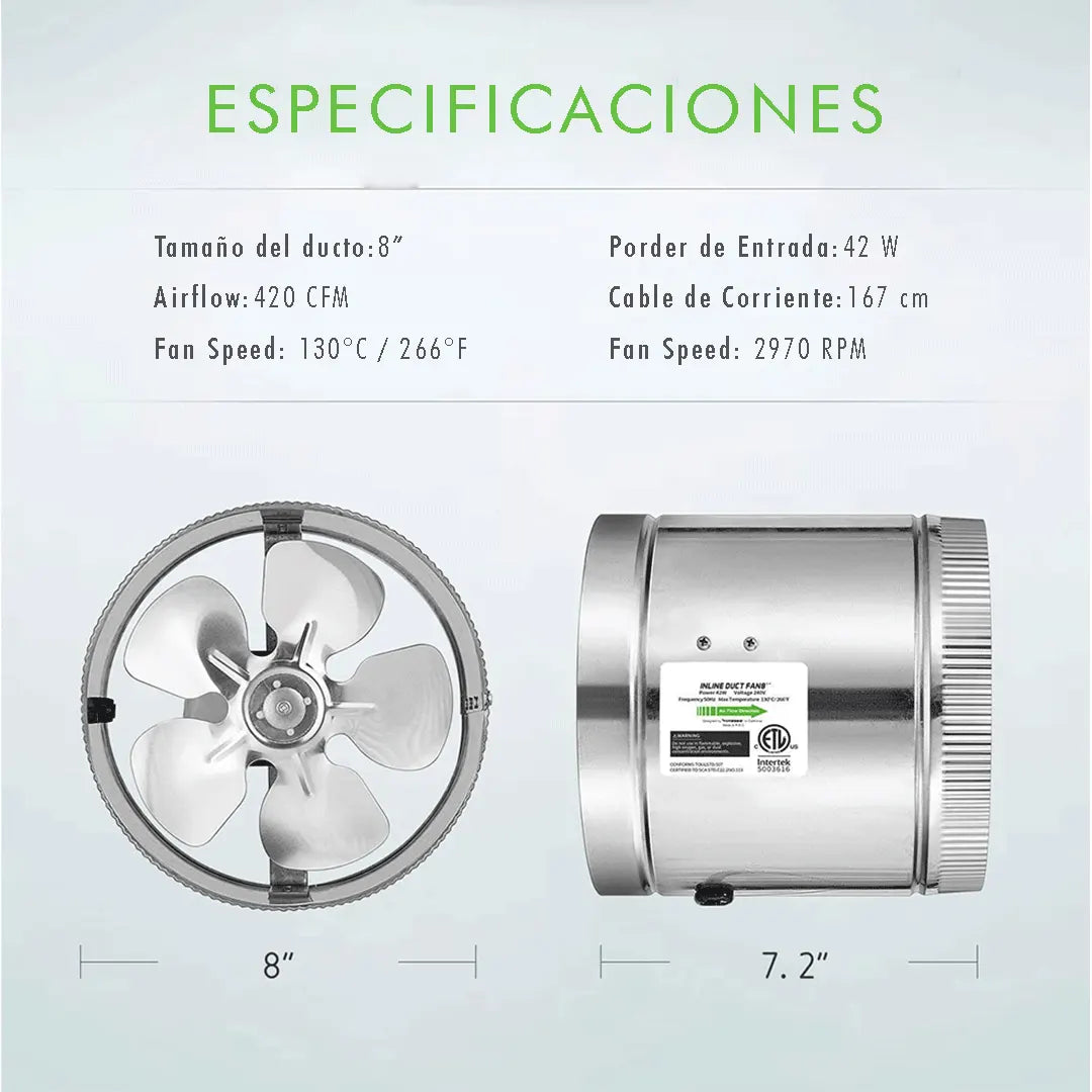 Ventilador en linea intractor de aire de 8 pulgadas