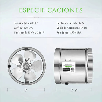 Ventilador en linea intractor de aire de 8 pulgadas