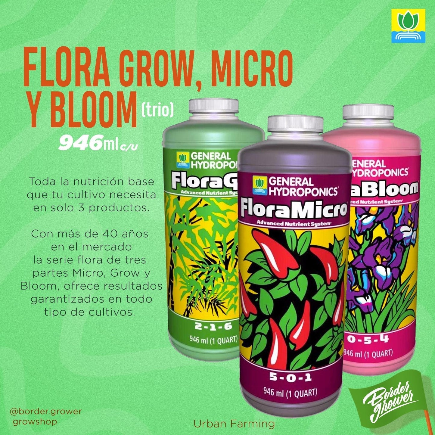 SERIE FLORA TRIO Micro, Grow Y Bloom Fertilizante Base Mejora La Productividad De Tus Cultivos